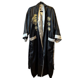 Womens OS Asian Reversible Embroidered Dragon Satin Metallic Kimono Robe Pockets